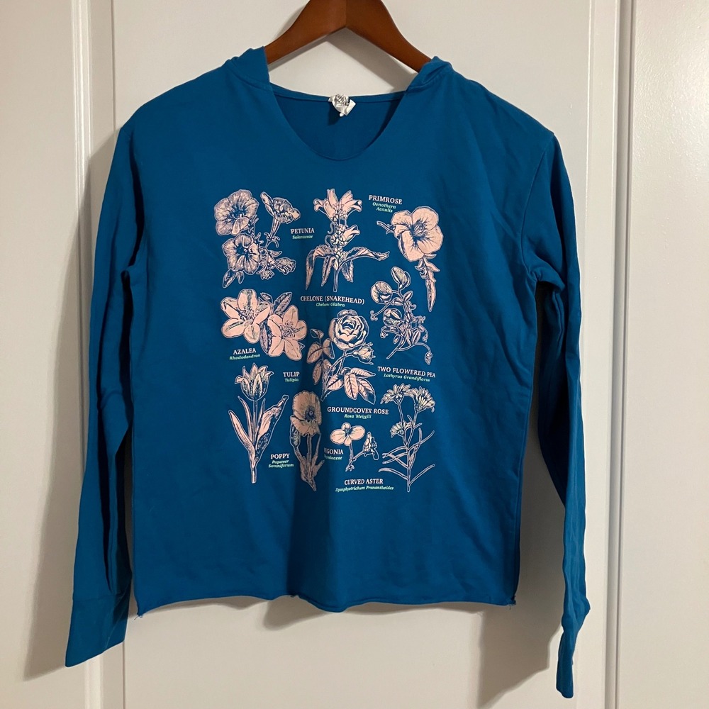 Botanical Floral Graphic Hoodie Teal Blue Long Sleeve V-Neck Sweatshirt Medium